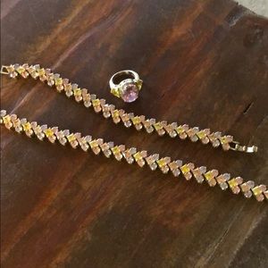 Crystal gems necklace bracelet set with ring